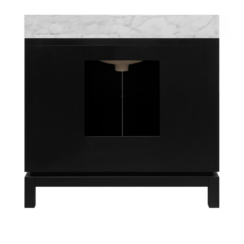 Worlds Away BATH VANITY IN MATTE BLACK LACQUER WITH ANTIQUE BRASS CIRCLE HARDWARE, WHITE MARBLE TOP, AND PORCELAIN SINK