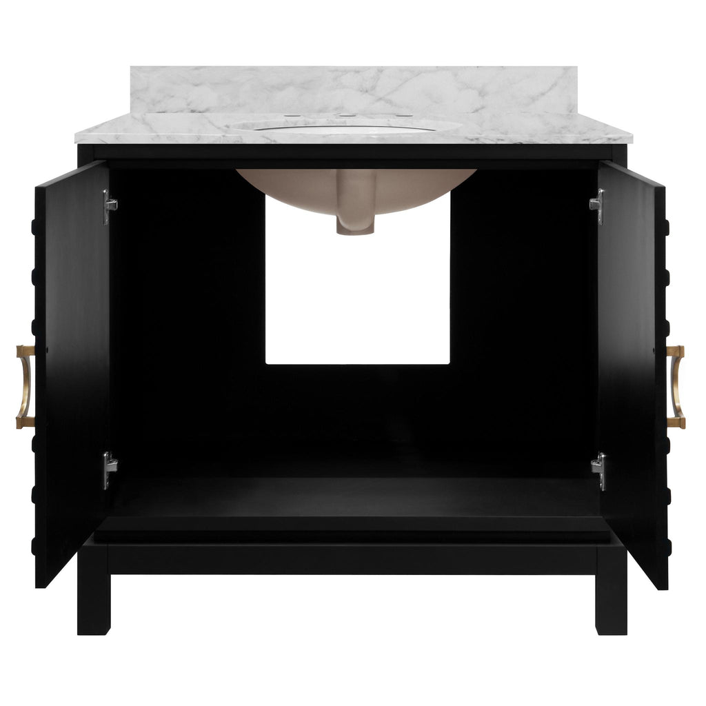 Worlds Away BATH VANITY IN MATTE BLACK LACQUER WITH ANTIQUE BRASS CIRCLE HARDWARE, WHITE MARBLE TOP, AND PORCELAIN SINK