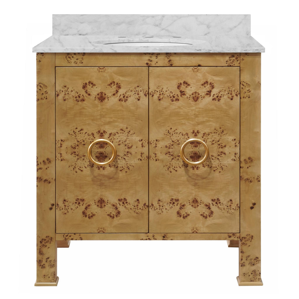 Worlds Away BATH VANITY IN BURL WOOD W/ ANT. BRASS HARDWARE, WHITE MARBLE TOP, AND PORCELAIN SINK