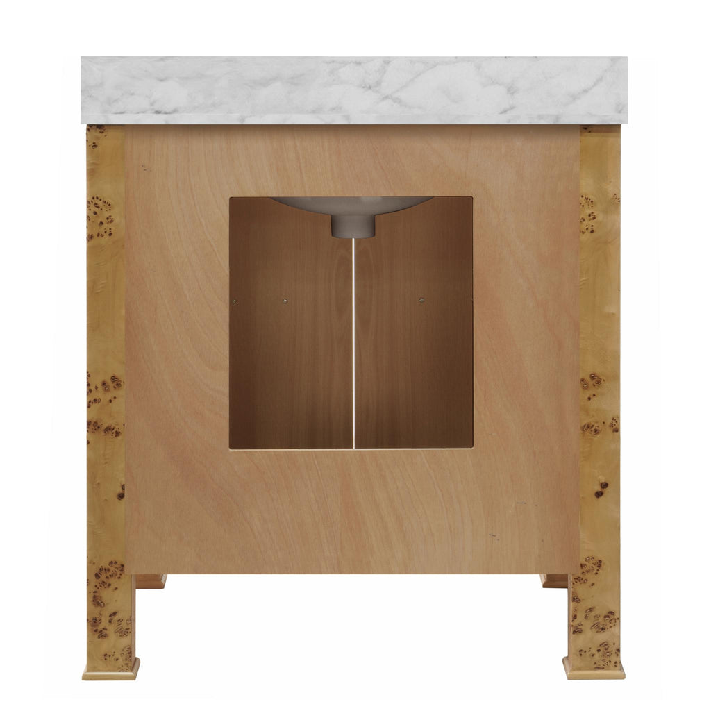 Worlds Away BATH VANITY IN BURL WOOD W/ ANT. BRASS HARDWARE, WHITE MARBLE TOP, AND PORCELAIN SINK