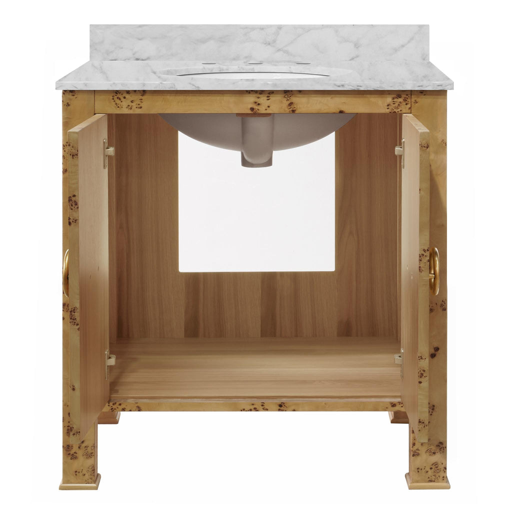 Worlds Away BATH VANITY IN BURL WOOD W/ ANT. BRASS HARDWARE, WHITE MARBLE TOP, AND PORCELAIN SINK