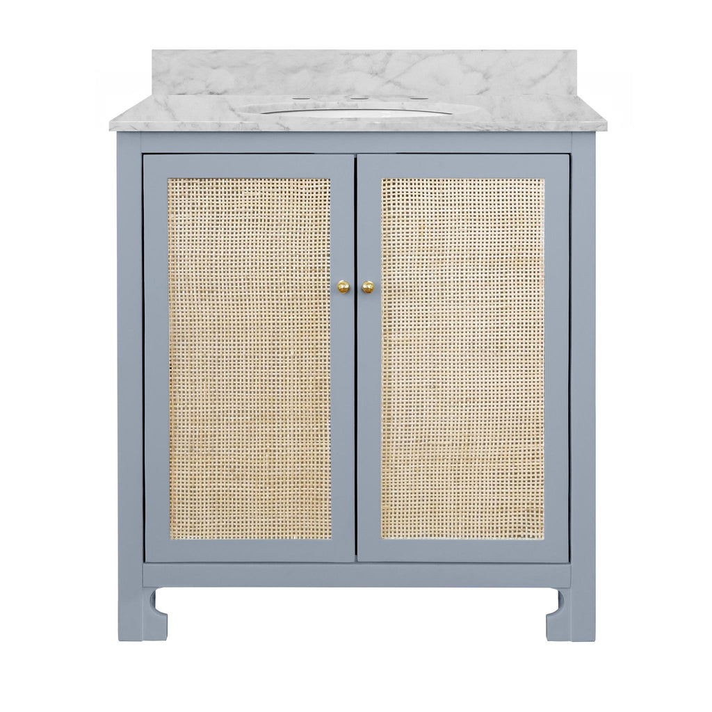 Worlds Away BATH VANITY IN MATTE LIGHT BLUE LACQUER WITH CANE FRONT DOORS, WHITE MARBLE TOP, PORCELAIN SINK, AND POLISHED BRASS KNOBS