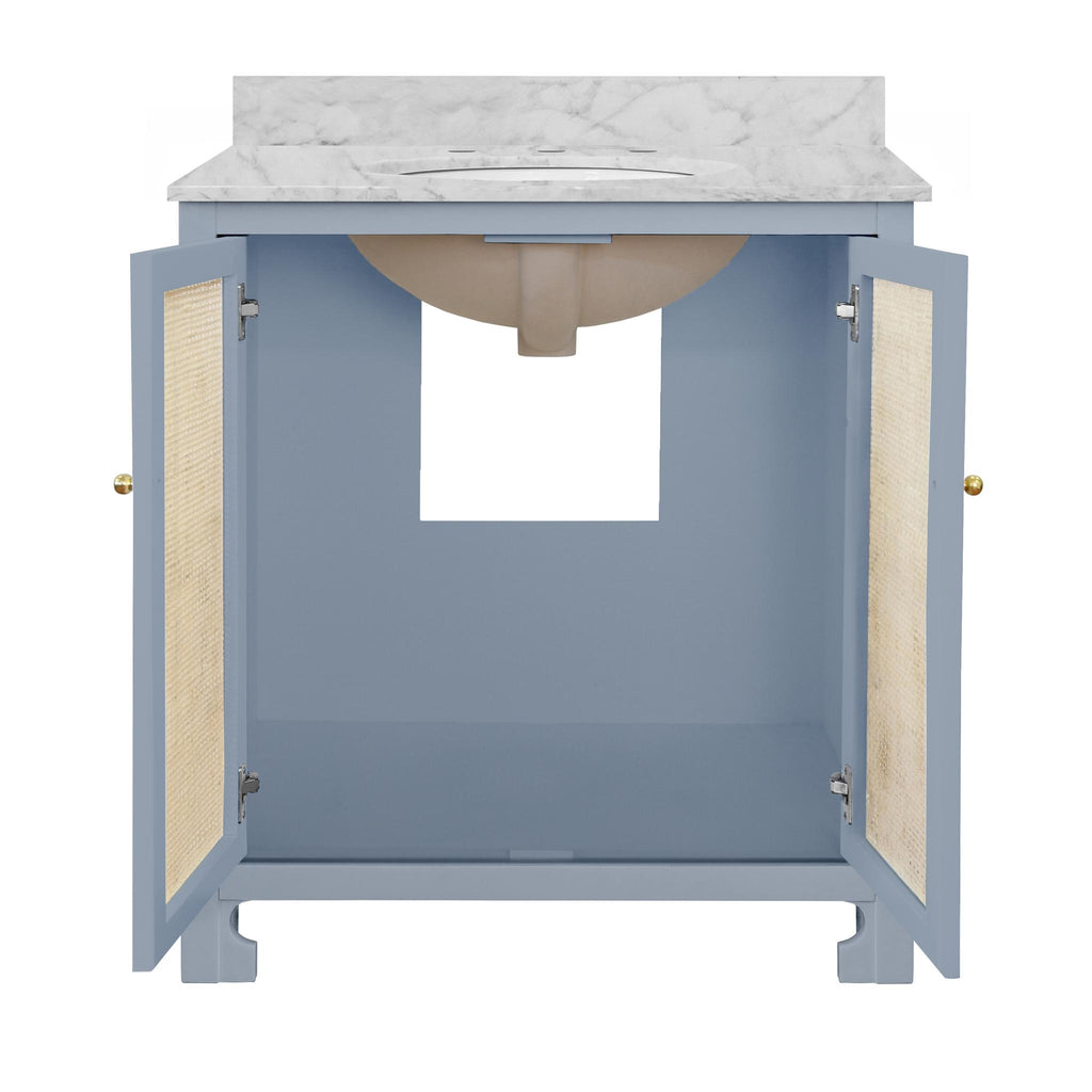 Worlds Away BATH VANITY IN MATTE LIGHT BLUE LACQUER WITH CANE FRONT DOORS, WHITE MARBLE TOP, PORCELAIN SINK, AND POLISHED BRASS KNOBS