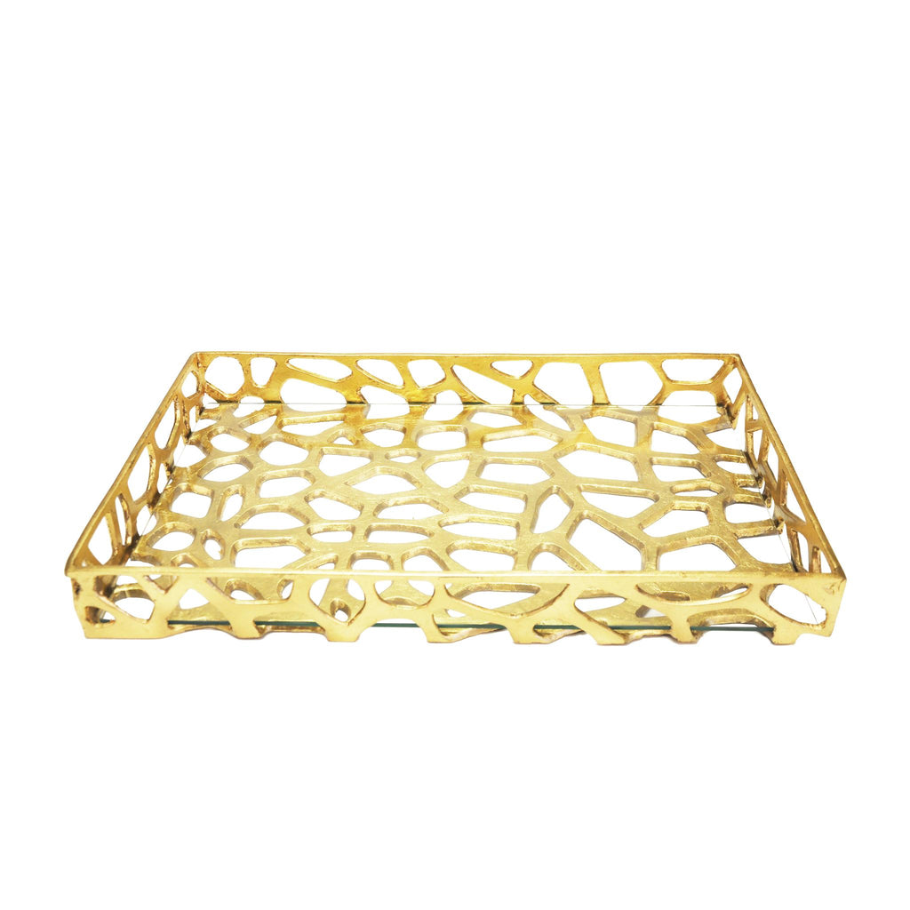 Worlds Away ORGANIC IRON TRAY WITH GLASS BOTTOM IN GOLD LEAF