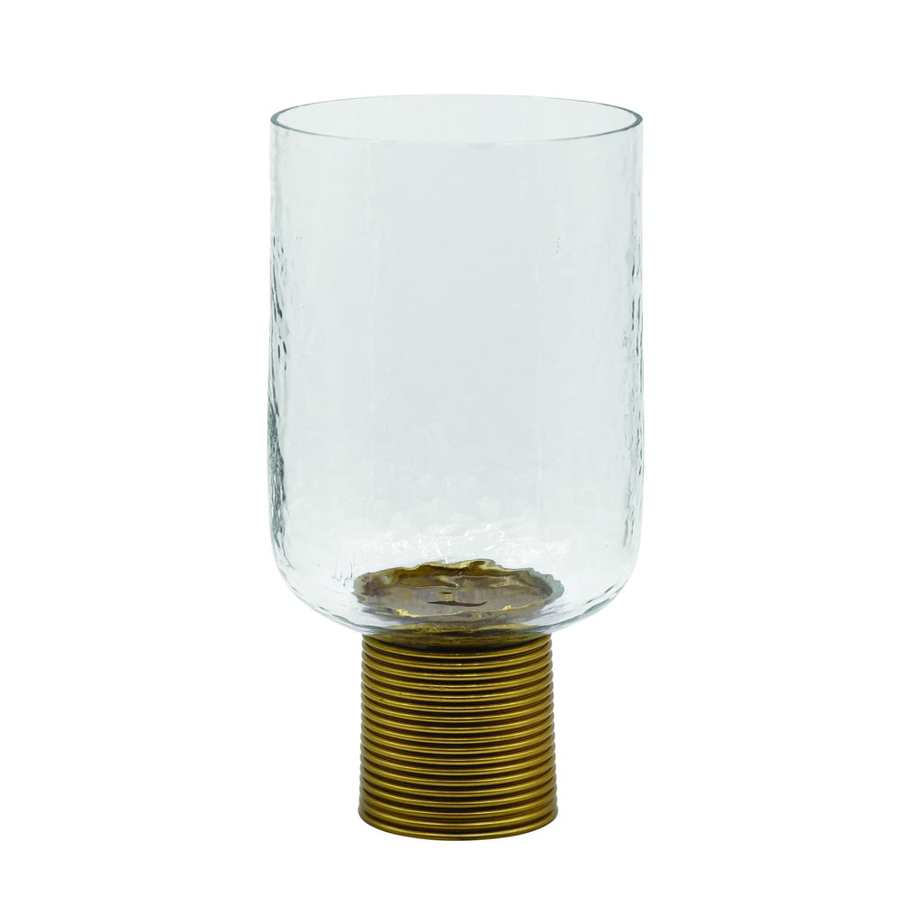 Worlds Away LARGE CLEAR GLASS CANDLE VOTIVE WITH RIBBED BRASS BASE