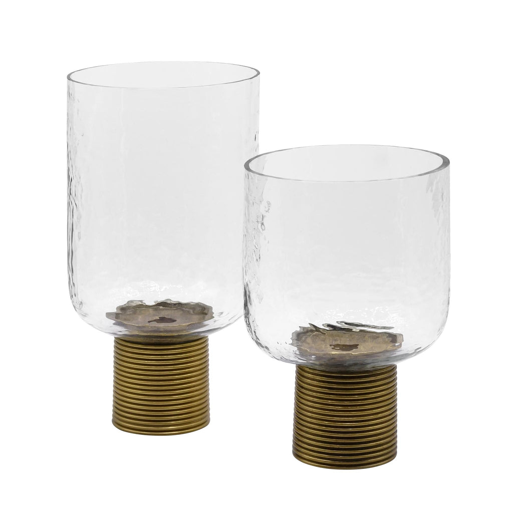 Worlds Away LARGE CLEAR GLASS CANDLE VOTIVE WITH RIBBED BRASS BASE