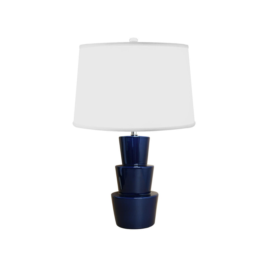 Worlds Away THREE TIER CERAMIC TABLE LAMP WITH WHITE LINEN SHADE IN NAVY