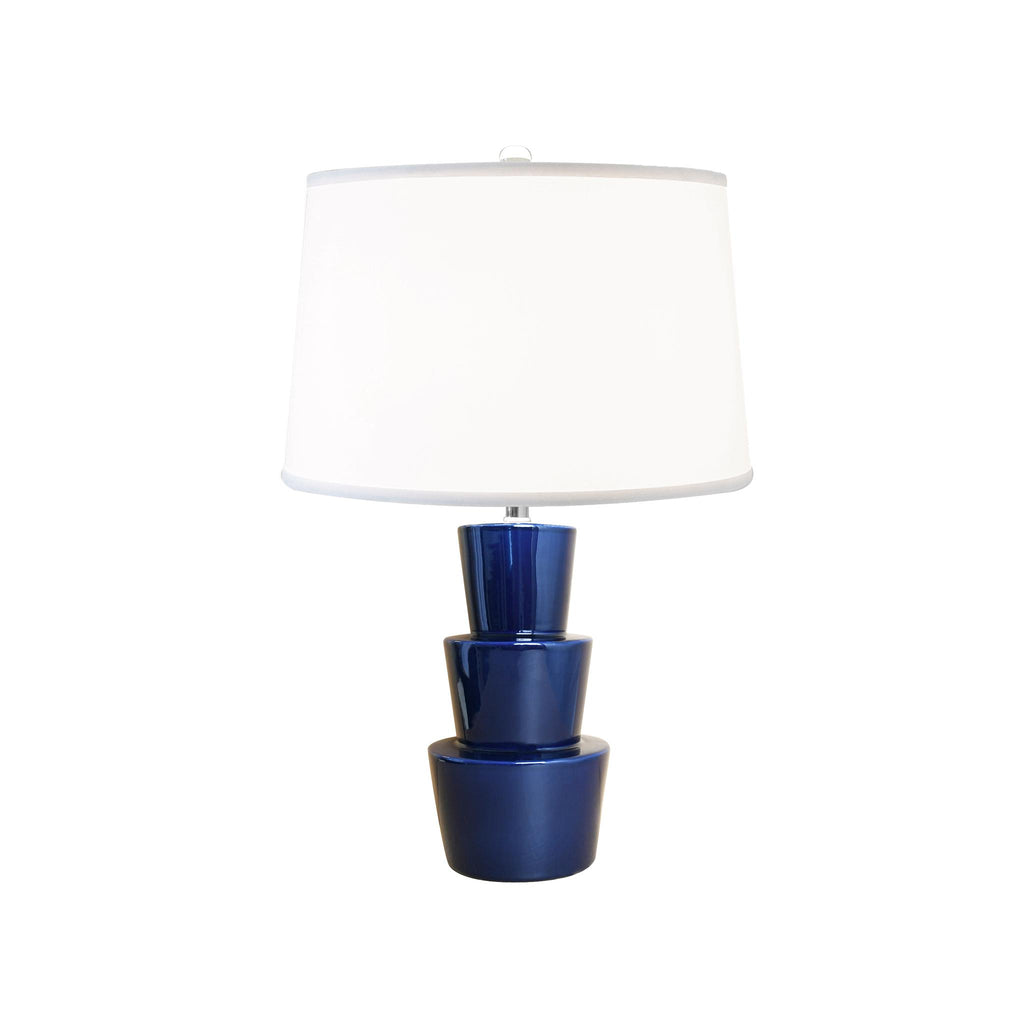 Worlds Away THREE TIER CERAMIC TABLE LAMP WITH WHITE LINEN SHADE IN NAVY