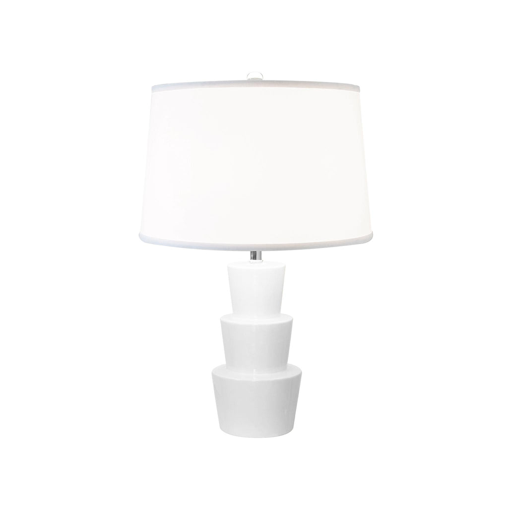 Worlds Away THREE TIER CERAMIC TABLE LAMP WITH WHITE LINEN SHADE IN WHITE