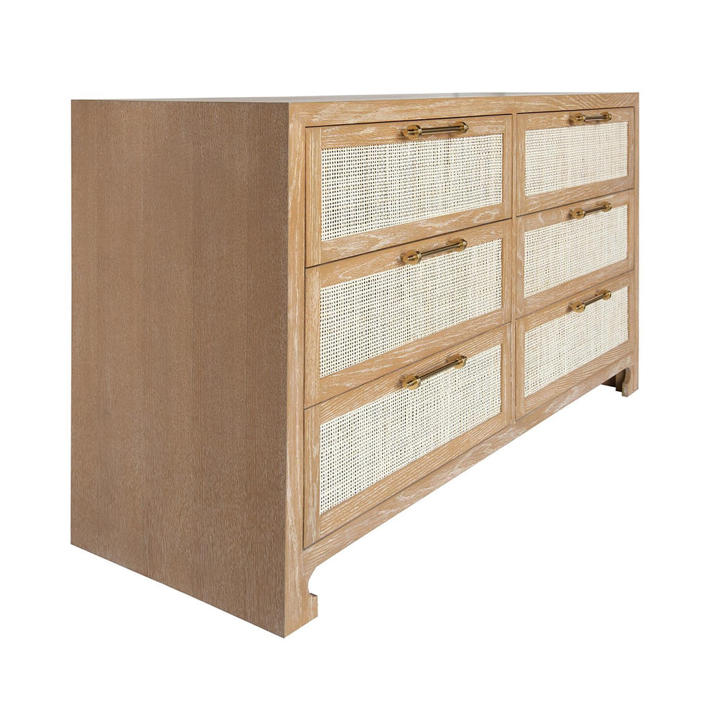 Worlds Away SIX DRAWER CANE FRONT CHEST WITH BRASS HARDWARE IN CERUSED OAK FINISH