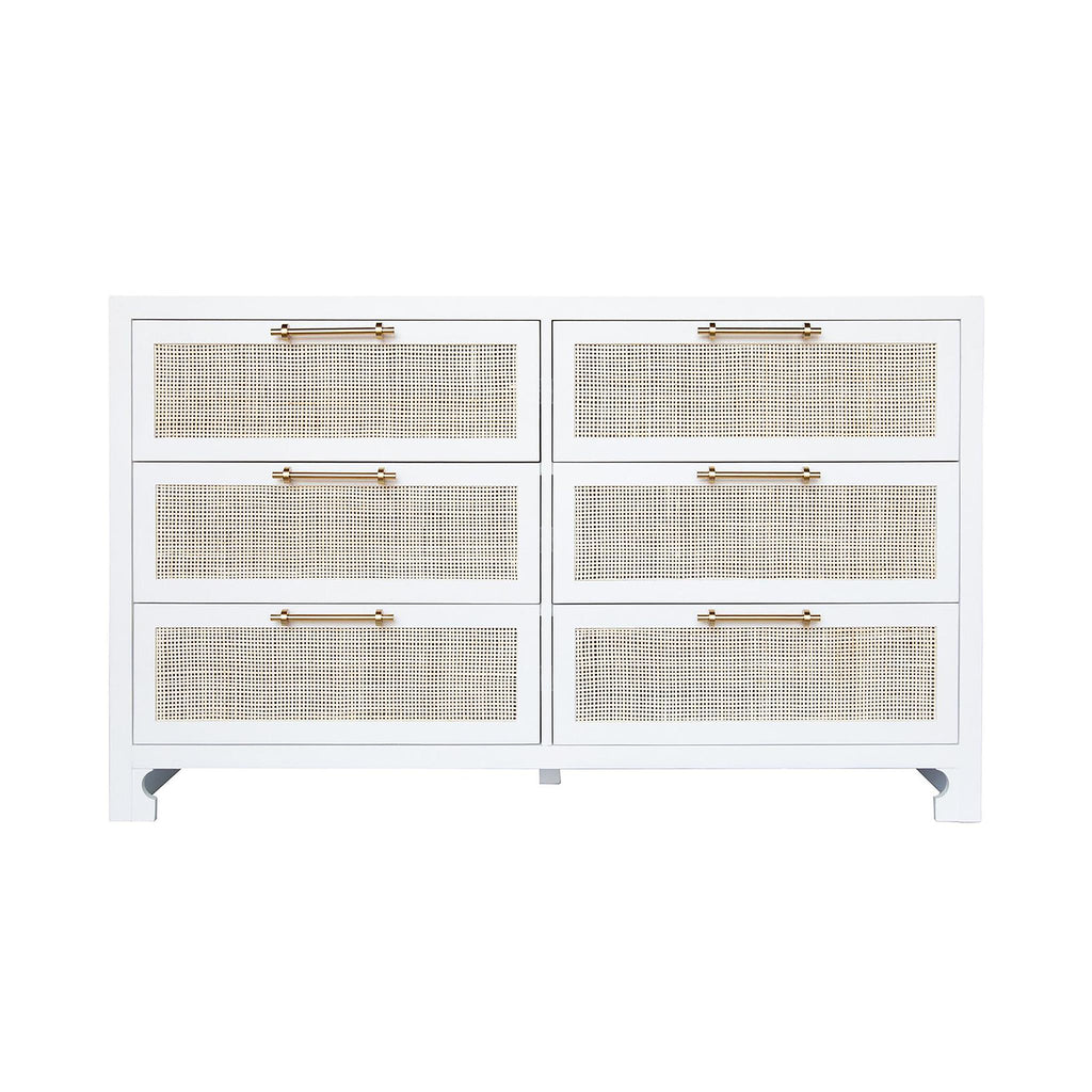 Worlds Away SIX DRAWER CANE FRONT CHEST WITH BRASS HARDWARE IN MATTE WHITE LACQUER FINISH