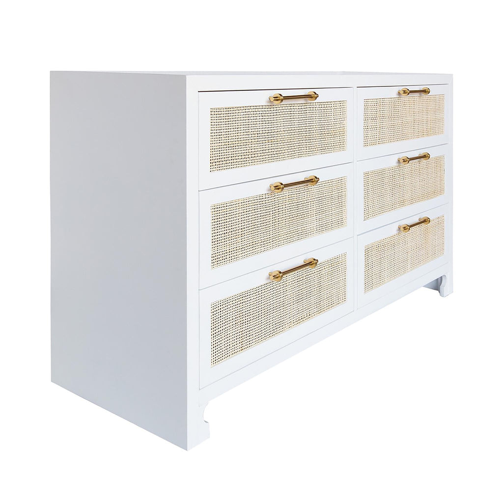 Worlds Away SIX DRAWER CANE FRONT CHEST WITH BRASS HARDWARE IN MATTE WHITE LACQUER FINISH