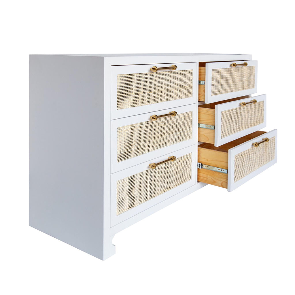 Worlds Away SIX DRAWER CANE FRONT CHEST WITH BRASS HARDWARE IN MATTE WHITE LACQUER FINISH