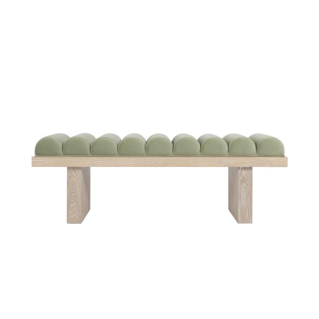 Worlds Away CHANNELED SEAT BENCH WITH CERUSED OAK BASE IN SAGE GREEN VELVET