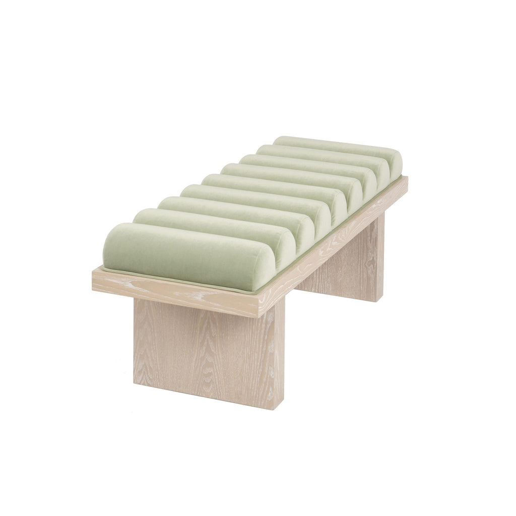 Worlds Away CHANNELED SEAT BENCH WITH CERUSED OAK BASE IN SAGE GREEN VELVET