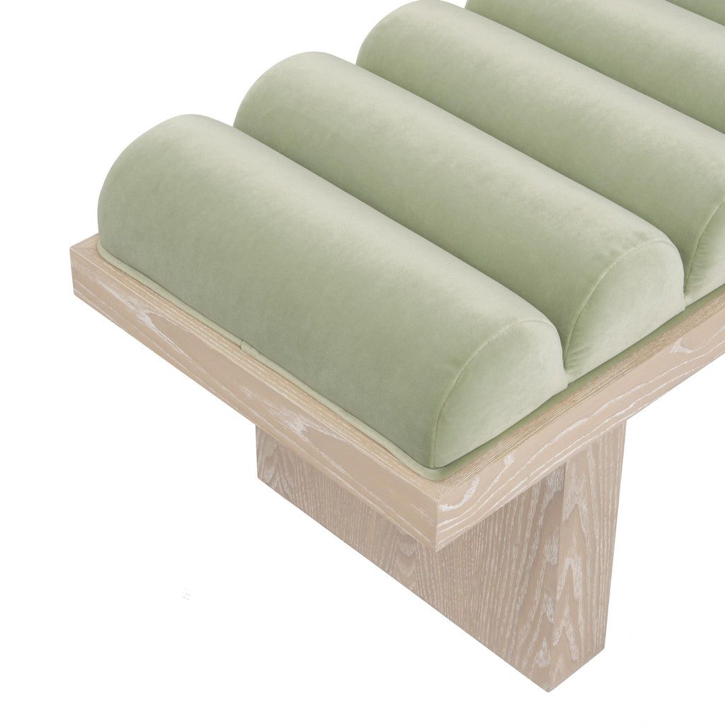 Worlds Away CHANNELED SEAT BENCH WITH CERUSED OAK BASE IN SAGE GREEN VELVET