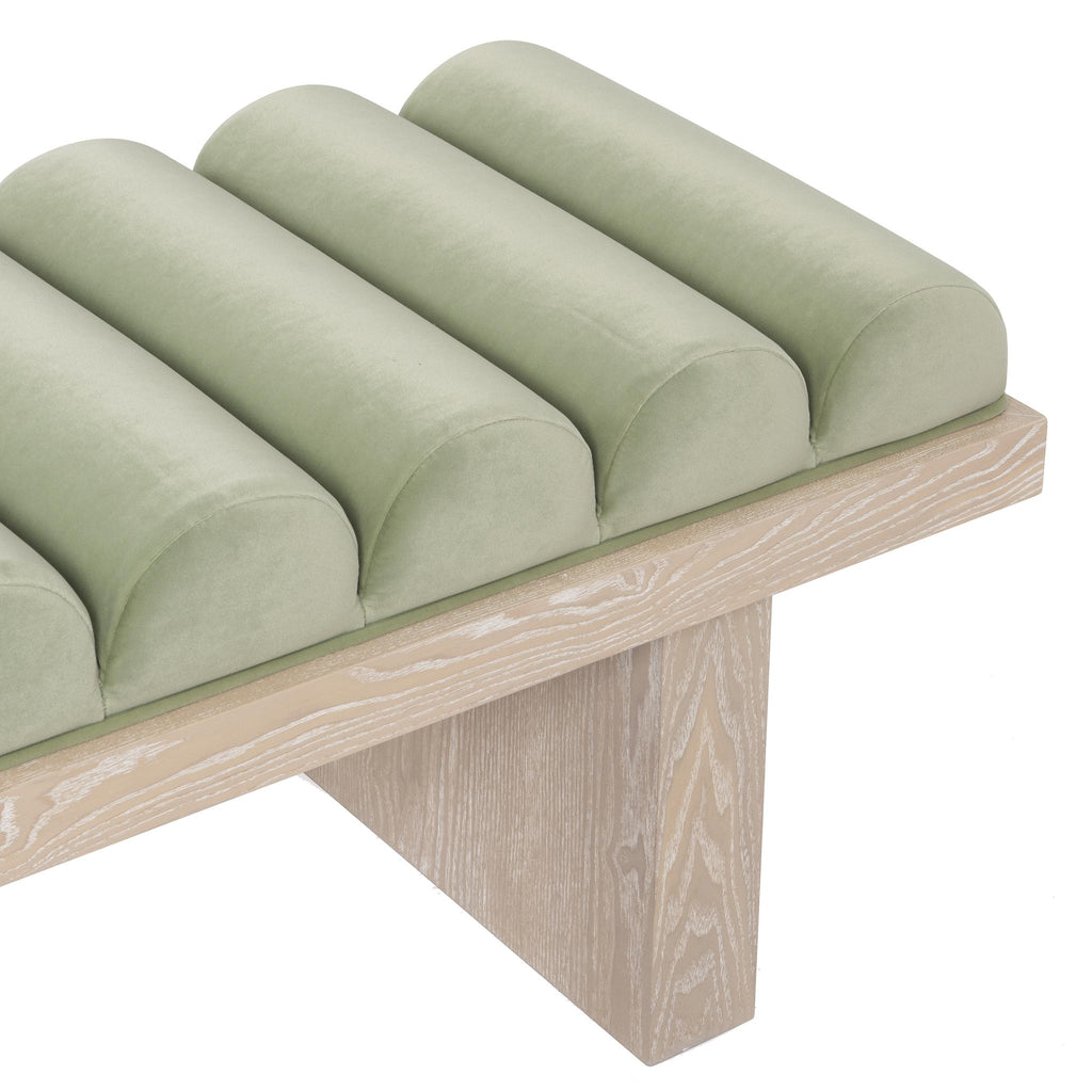 Worlds Away CHANNELED SEAT BENCH WITH CERUSED OAK BASE IN SAGE GREEN VELVET