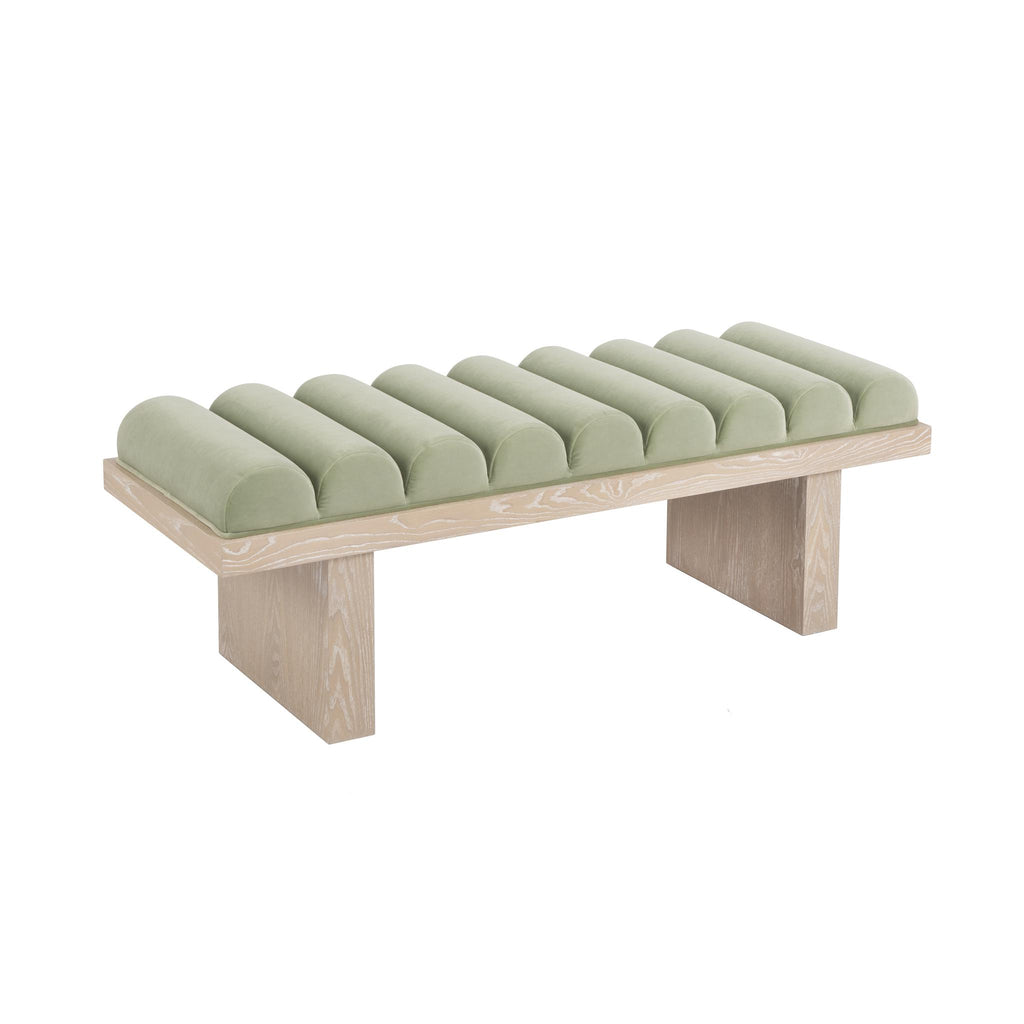 Worlds Away CHANNELED SEAT BENCH WITH CERUSED OAK BASE IN SAGE GREEN VELVET