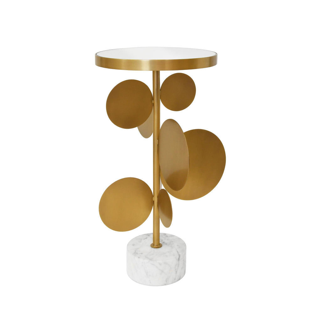 Worlds Away ROUND BRASS SIDE TABLE FEATURING BASE WITH ARRAY OF ANTIQUE BRASS DISCS, WHITE MARBLE BASE, AND INSET MIRROR