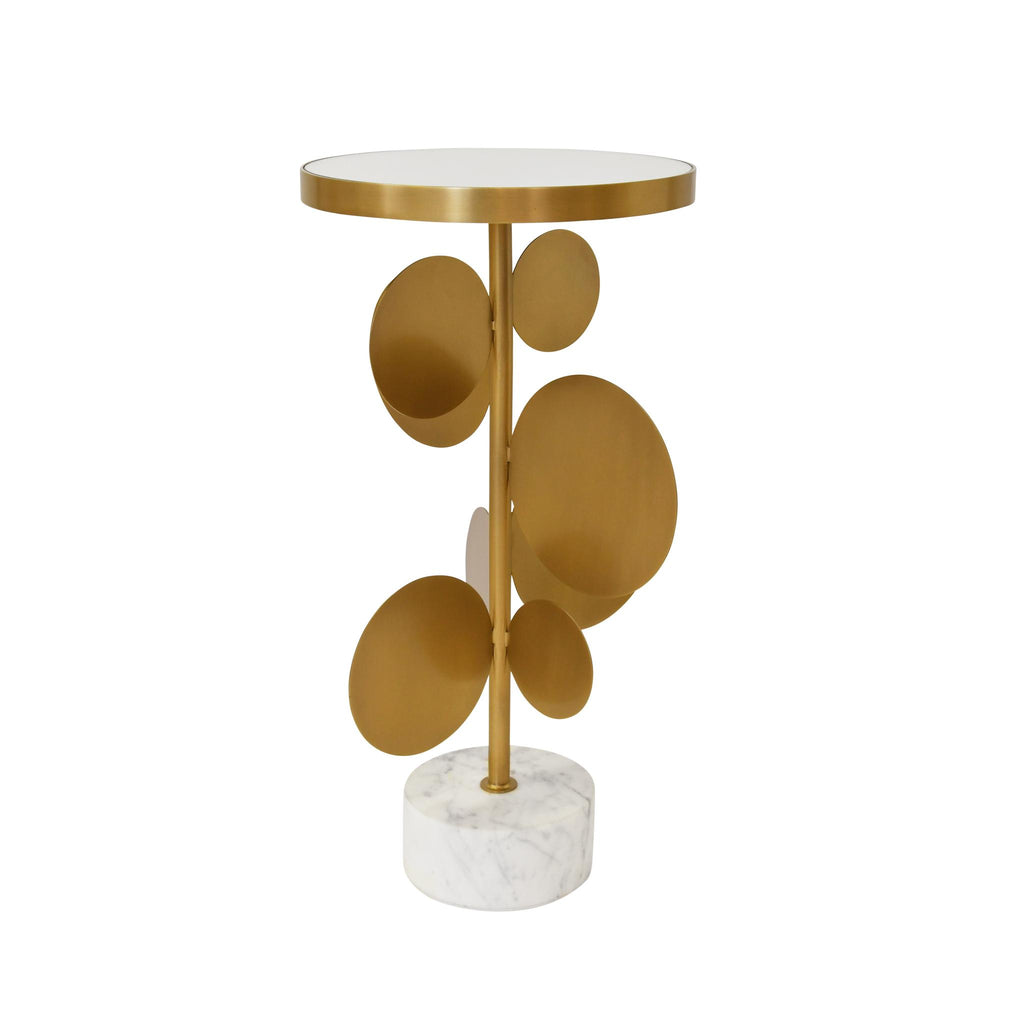 Worlds Away ROUND BRASS SIDE TABLE FEATURING BASE WITH ARRAY OF ANTIQUE BRASS DISCS, WHITE MARBLE BASE, AND INSET MIRROR