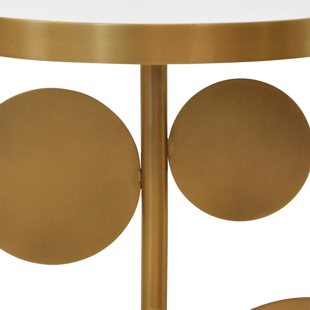 Worlds Away ROUND BRASS SIDE TABLE FEATURING BASE WITH ARRAY OF ANTIQUE BRASS DISCS, WHITE MARBLE BASE, AND INSET MIRROR