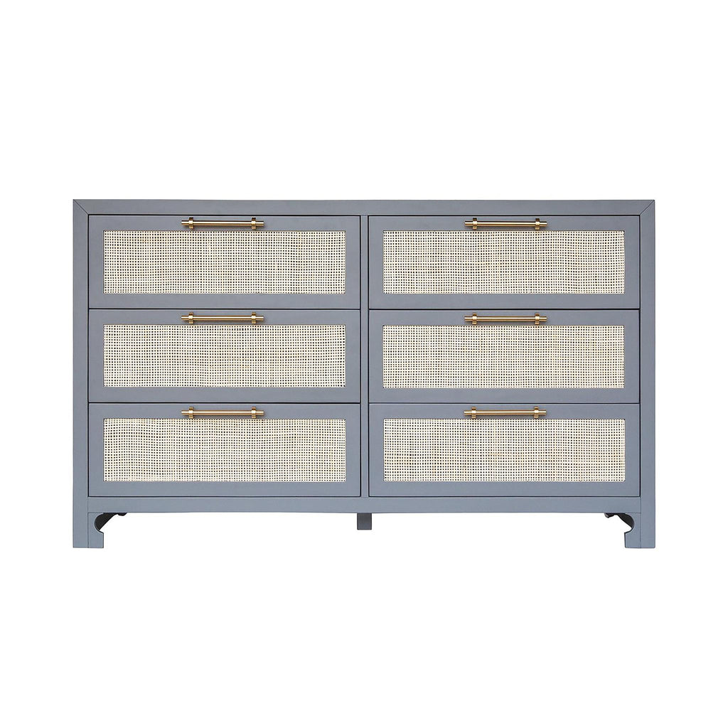 Worlds Away SIX DRAWER CANE FRONT CHEST WITH BRASS HARDWARE IN MATTE GREY LACQUER FINISH