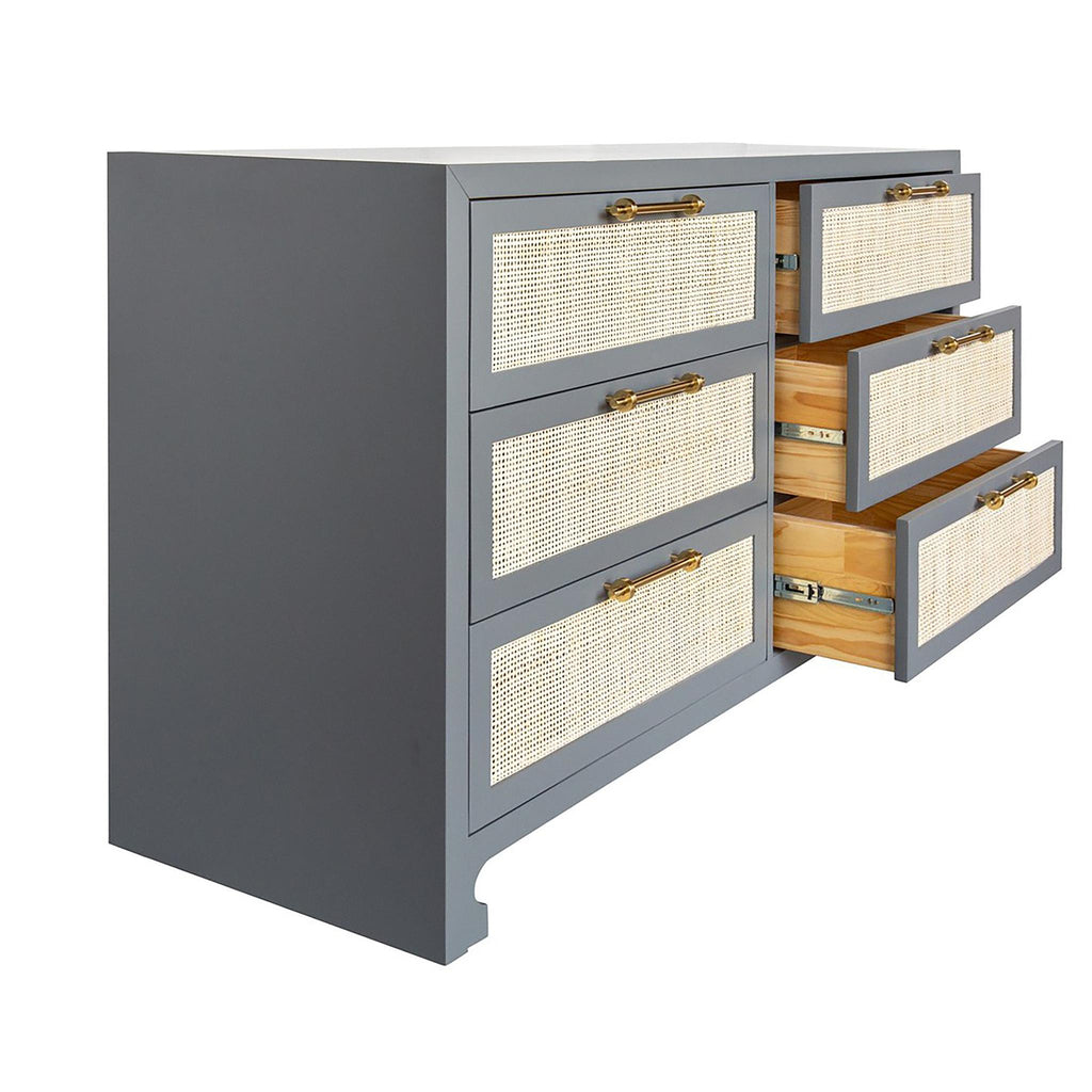 Worlds Away SIX DRAWER CANE FRONT CHEST WITH BRASS HARDWARE IN MATTE GREY LACQUER FINISH