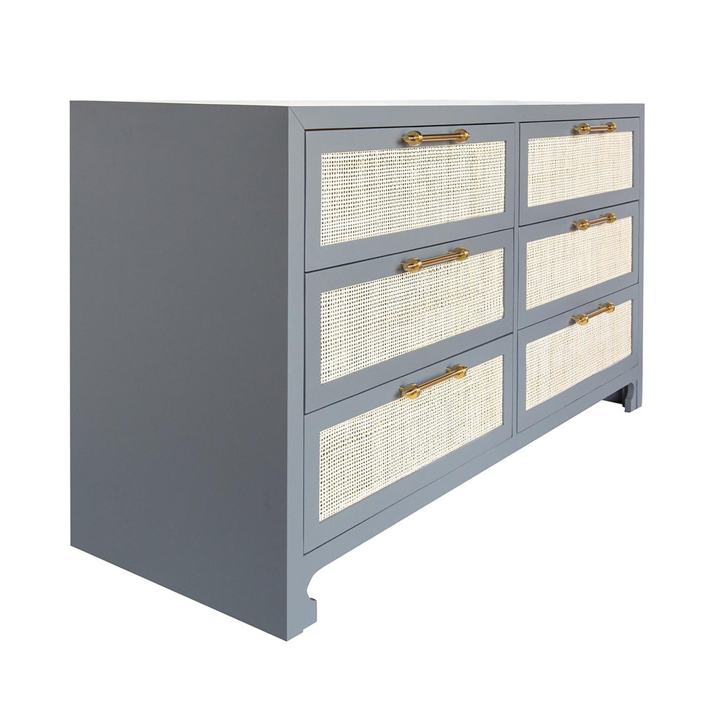 Worlds Away SIX DRAWER CANE FRONT CHEST WITH BRASS HARDWARE IN MATTE GREY LACQUER FINISH