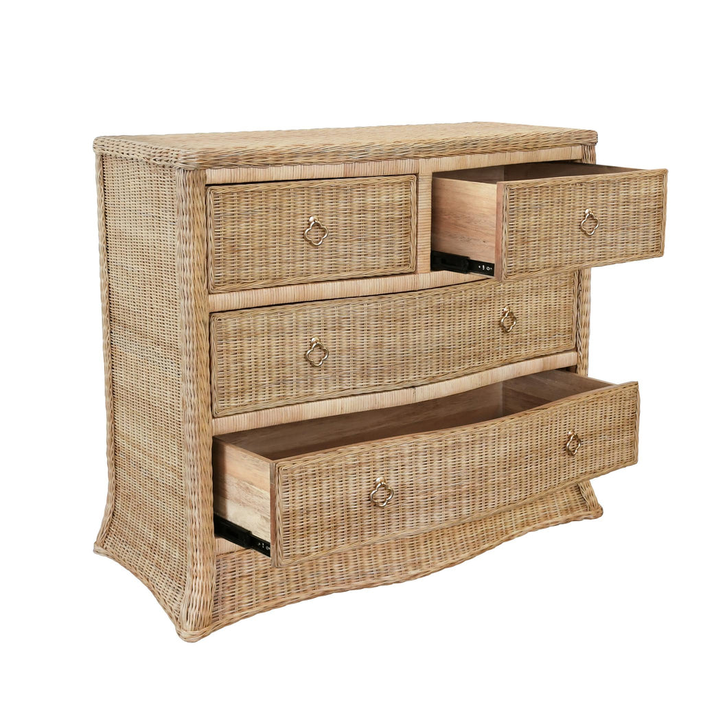 Worlds Away FOUR DRAWER CHEST IN WOVEN RATTAN WITH SATIN BRASS PULLS