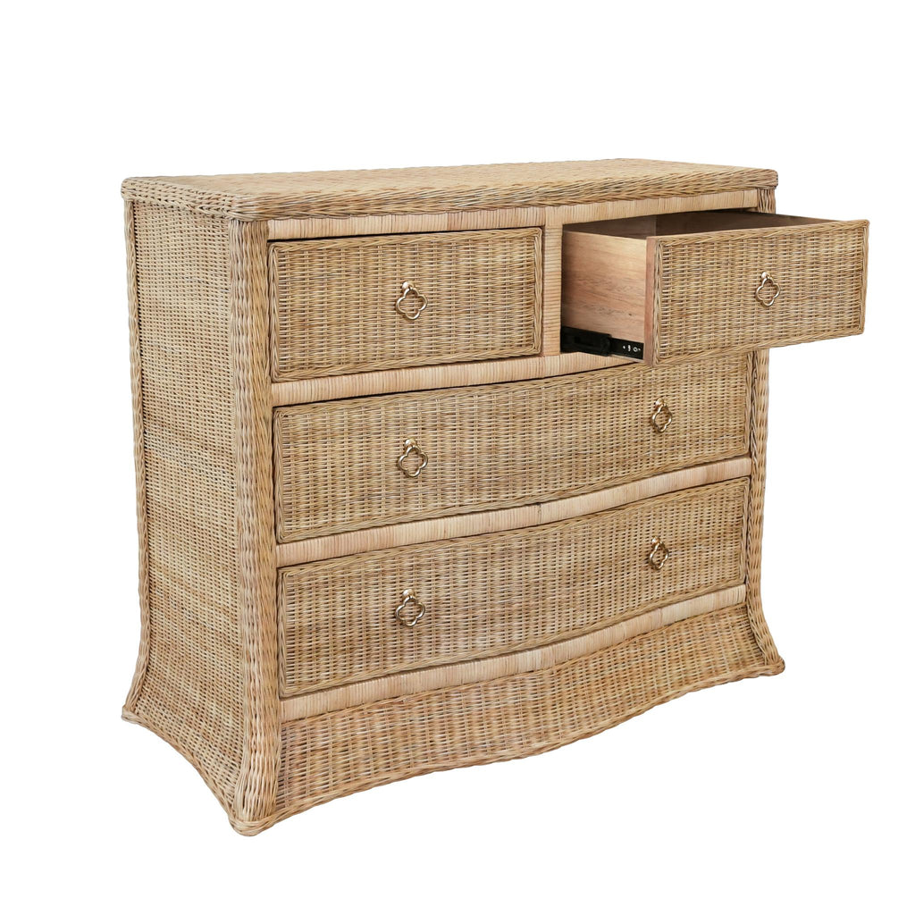 Worlds Away FOUR DRAWER CHEST IN WOVEN RATTAN WITH SATIN BRASS PULLS