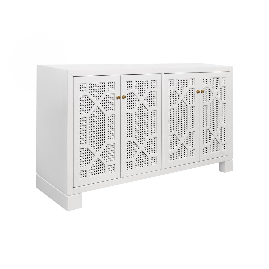 Worlds Away FOUR DOOR BUFFET WITH TRELLIS OVER PAINTED CANE DOORS IN MATTE WHITE LACQUER