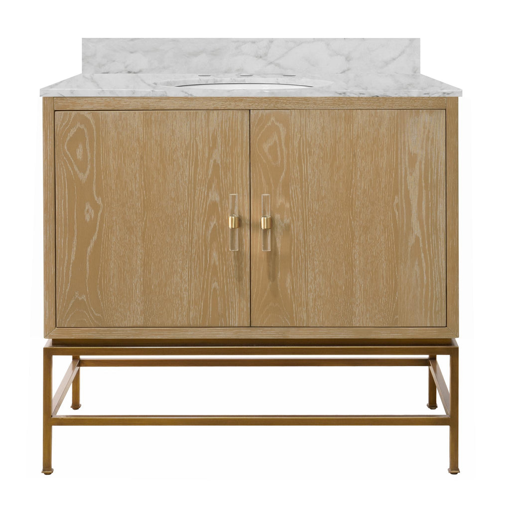 Worlds Away BATH VANITY IN CERUSED OAK AND ANTIQUE BRASS WITH WHITE MARBLE TOP AND PORCELAIN SINK WITH LUCITE AND ANTIQUE BRASS PULLS