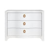 Worlds Away Curved Front Chest With Three Drawers In White Textured Linen With Satin Brass Ring Hardware