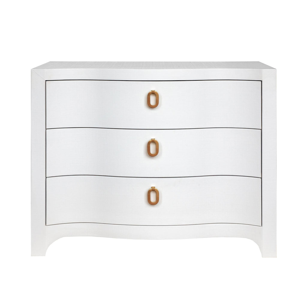 Worlds Away CURVED FRONT CHEST WITH THREE DRAWERS IN WHITE TEXTURED LINEN WITH SATIN BRASS RING HARDWARE