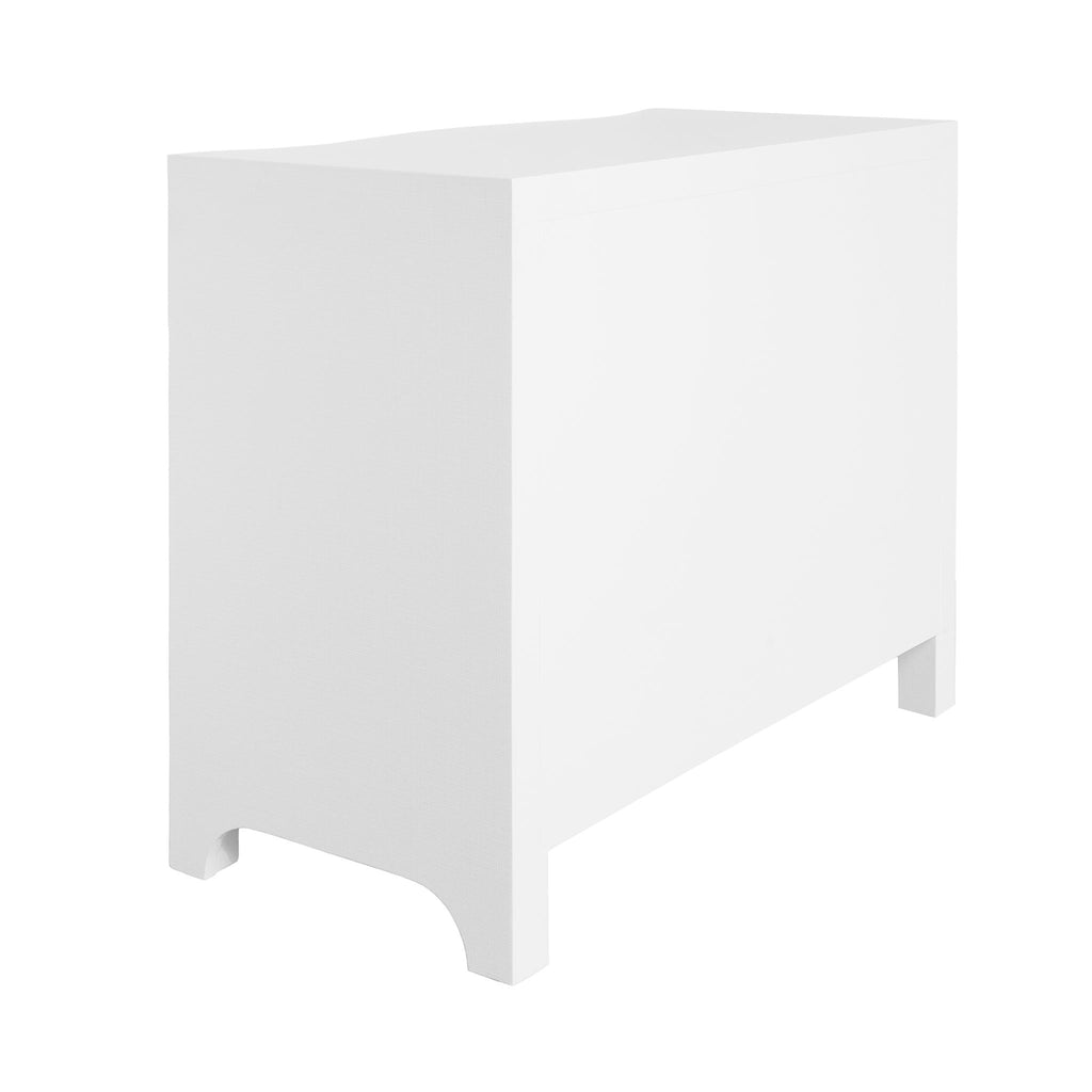 Worlds Away CURVED FRONT CHEST WITH THREE DRAWERS IN WHITE TEXTURED LINEN WITH SATIN BRASS RING HARDWARE