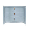 Worlds Away Curved Front Chest With Three Drawers In White Light Blue Textured Linen With Satin Brass Ring Hardware