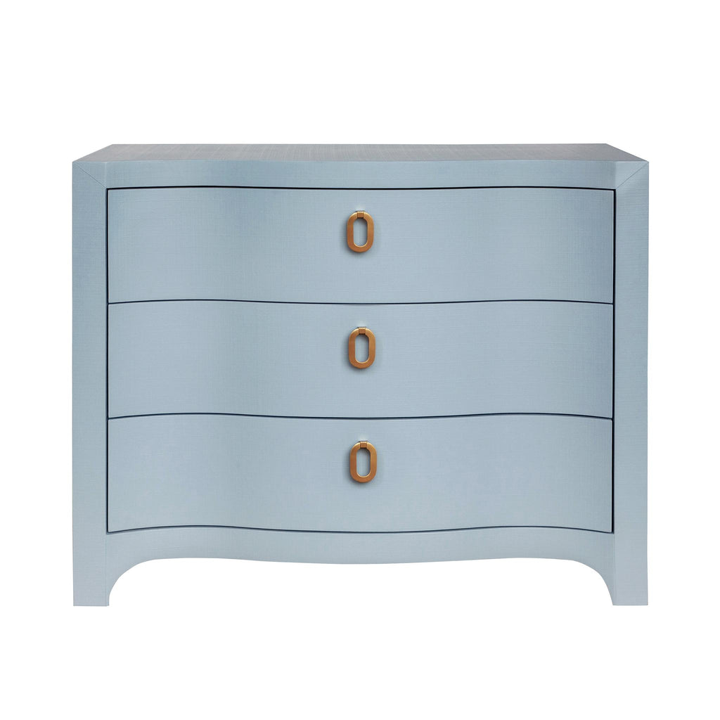 Worlds Away CURVED FRONT CHEST WITH THREE DRAWERS IN WHITE LIGHT BLUE TEXTURED LINEN WITH SATIN BRASS RING HARDWARE