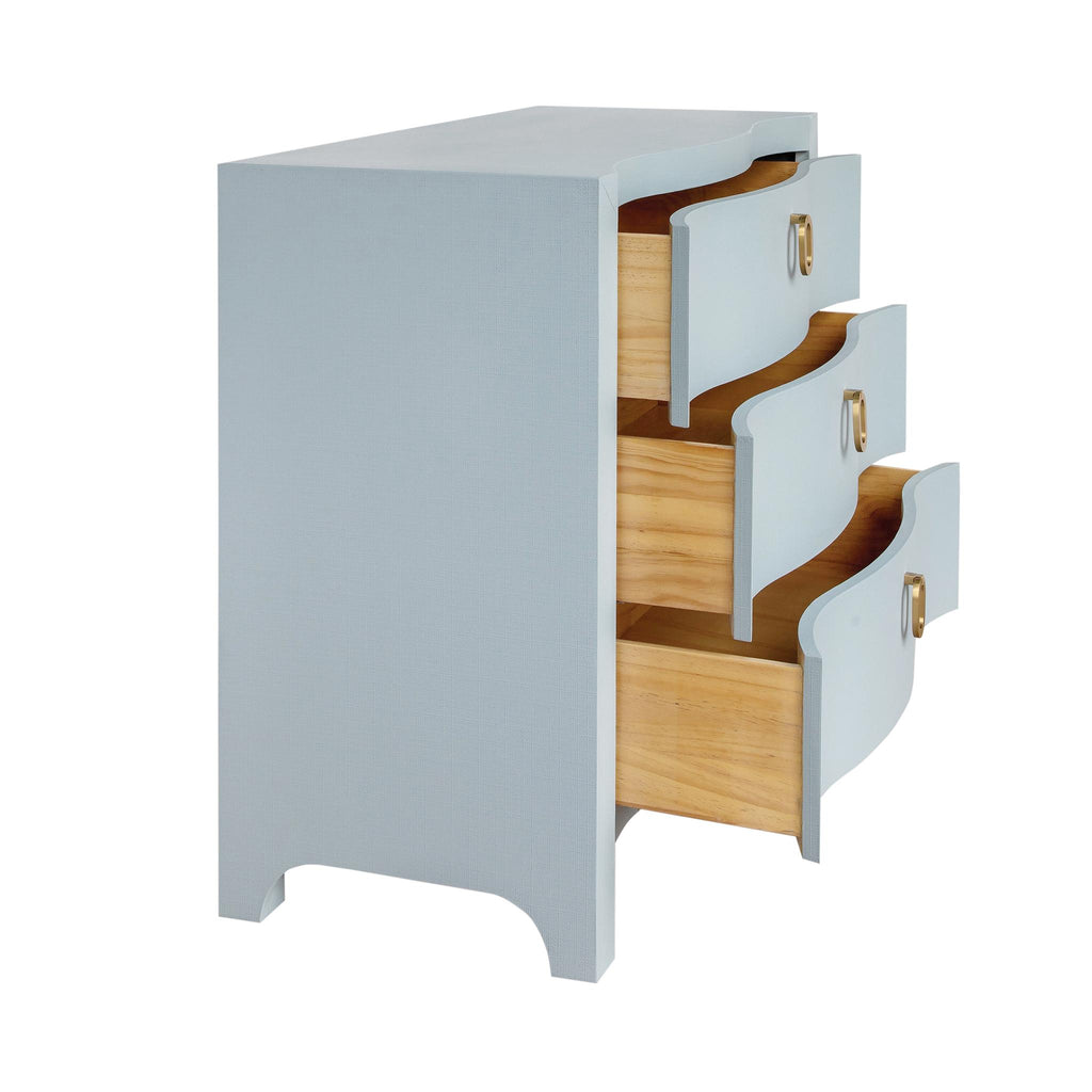 Worlds Away CURVED FRONT CHEST WITH THREE DRAWERS IN WHITE LIGHT BLUE TEXTURED LINEN WITH SATIN BRASS RING HARDWARE