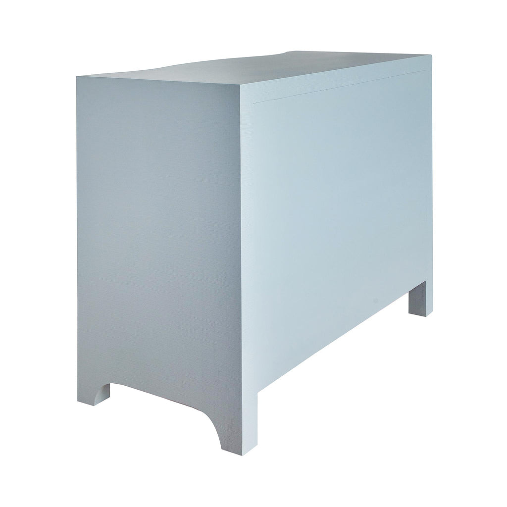 Worlds Away CURVED FRONT CHEST WITH THREE DRAWERS IN WHITE LIGHT BLUE TEXTURED LINEN WITH SATIN BRASS RING HARDWARE