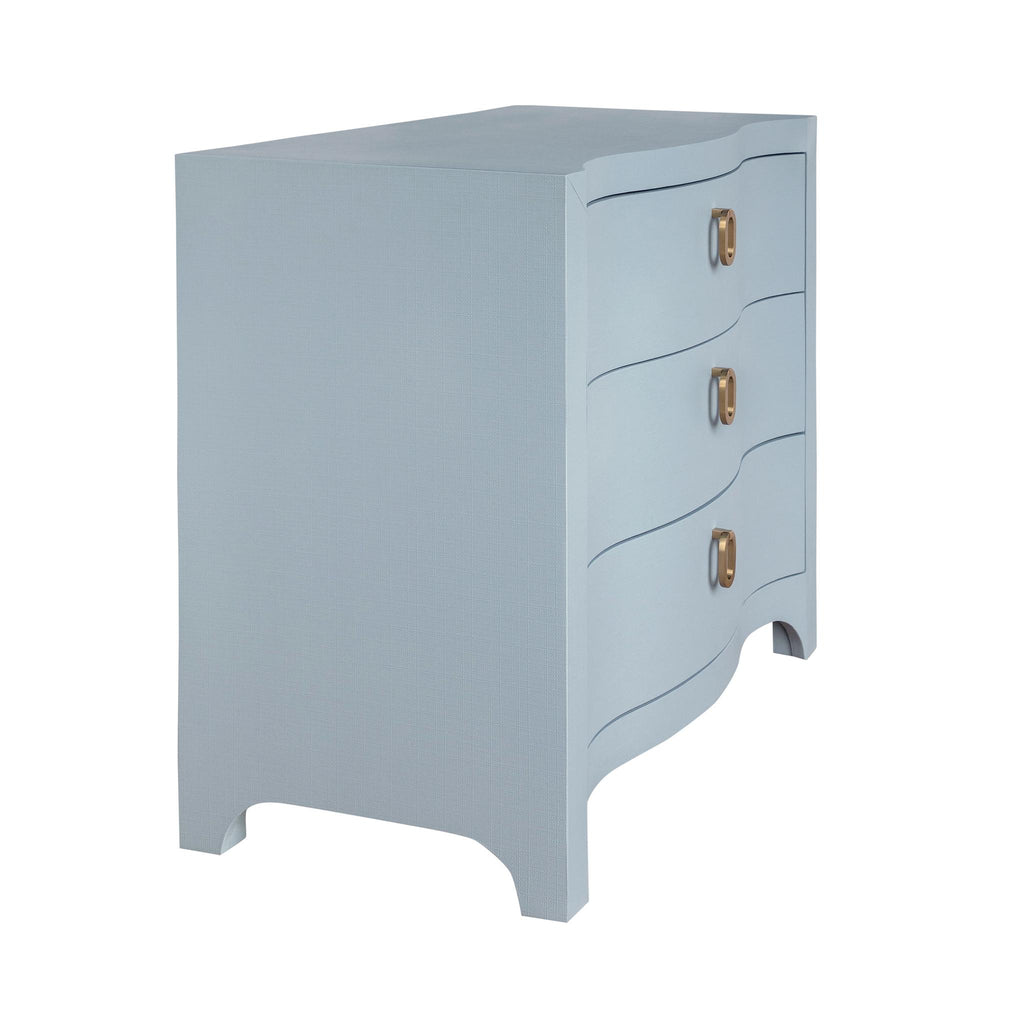 Worlds Away CURVED FRONT CHEST WITH THREE DRAWERS IN WHITE LIGHT BLUE TEXTURED LINEN WITH SATIN BRASS RING HARDWARE