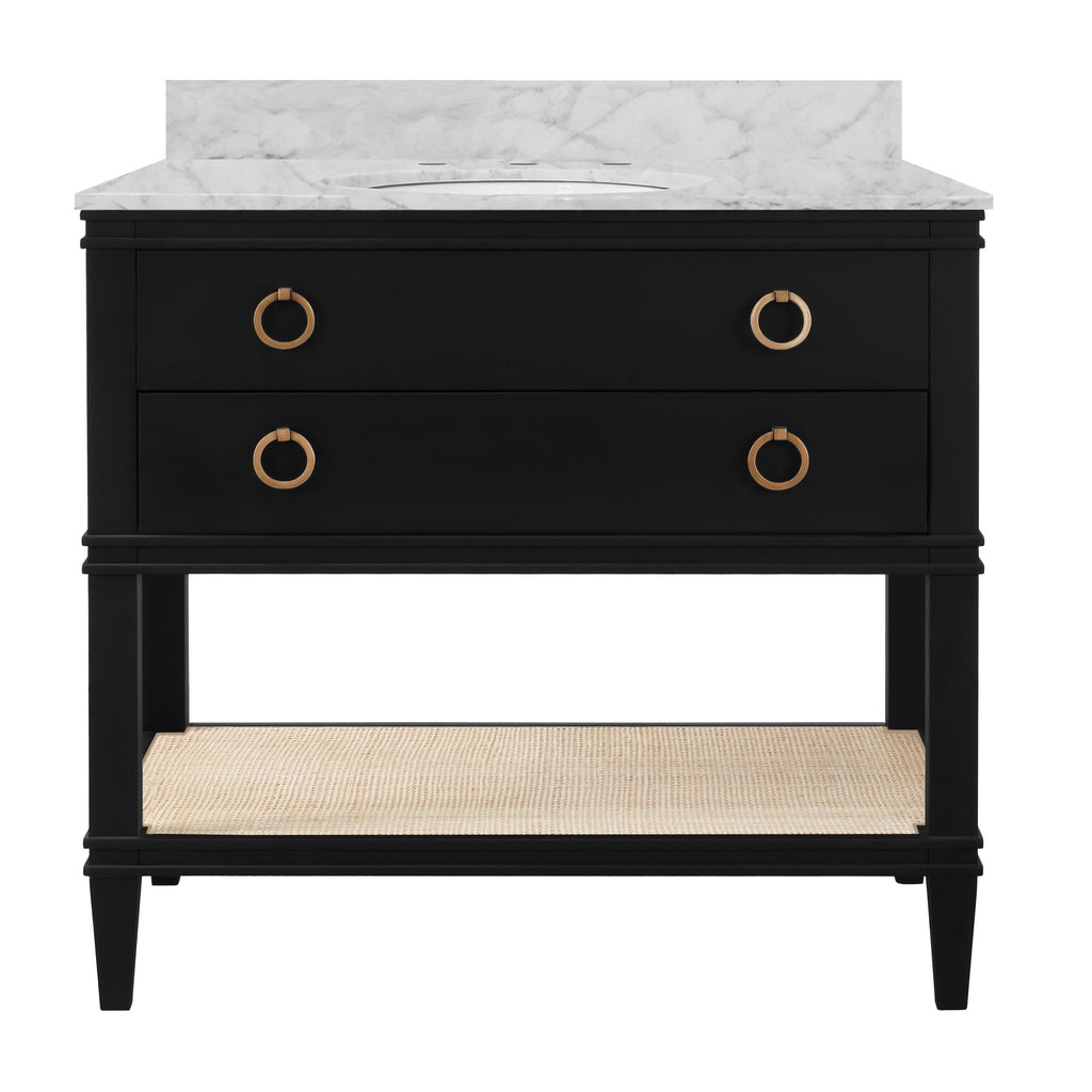 Worlds Away BATH VANITY IN MATTE BLACK LACQUER WITH OPEN CANE SHELF, WHITE MARBLE TOP, PORCELAIN SINK, AND ANTIQUE BRASS RING HARDWARE