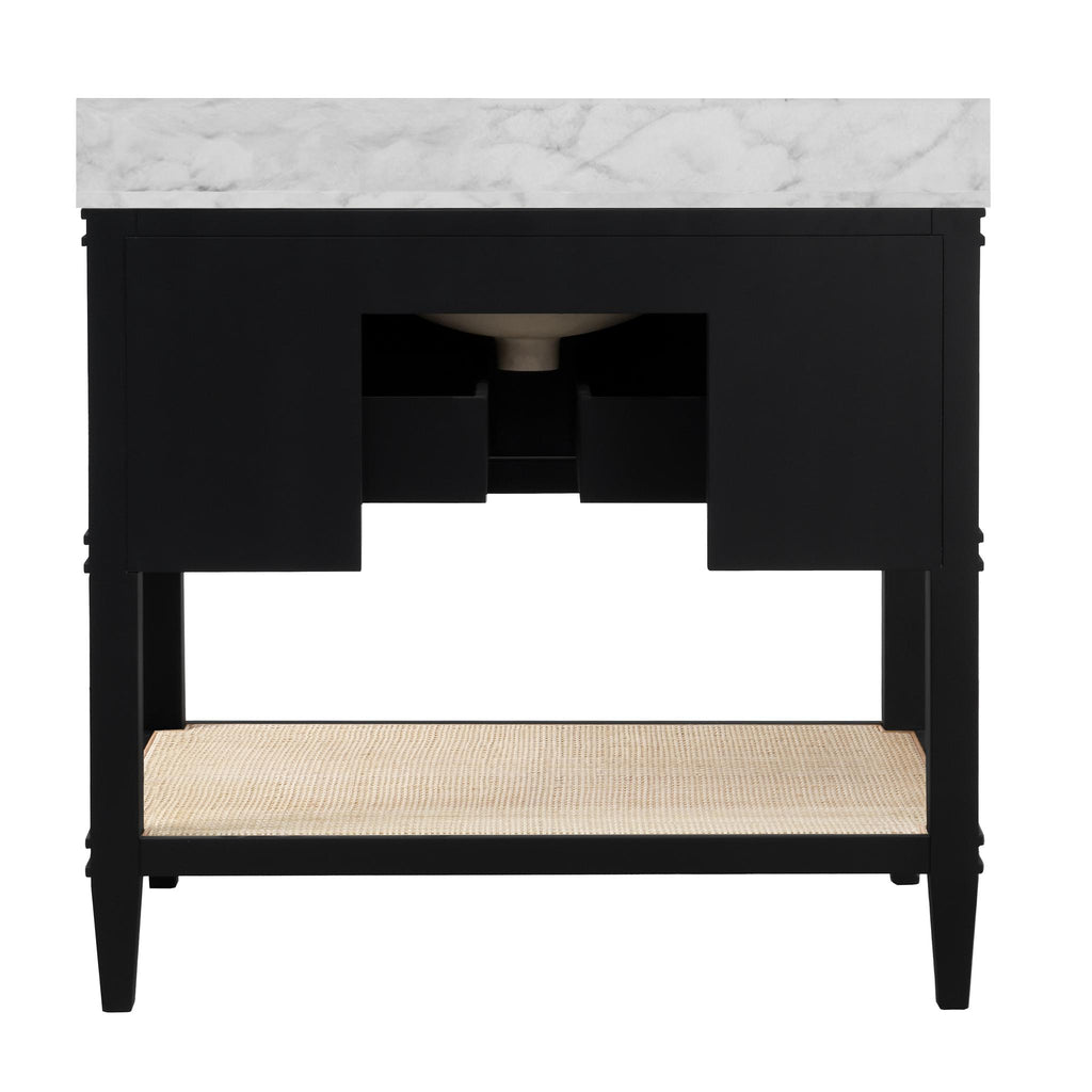 Worlds Away BATH VANITY IN MATTE BLACK LACQUER WITH OPEN CANE SHELF, WHITE MARBLE TOP, PORCELAIN SINK, AND ANTIQUE BRASS RING HARDWARE