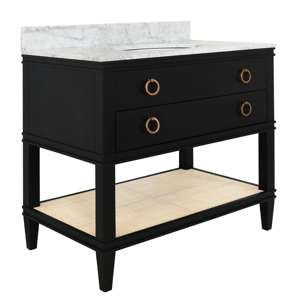 Worlds Away BATH VANITY IN MATTE BLACK LACQUER WITH OPEN CANE SHELF, WHITE MARBLE TOP, PORCELAIN SINK, AND ANTIQUE BRASS RING HARDWARE