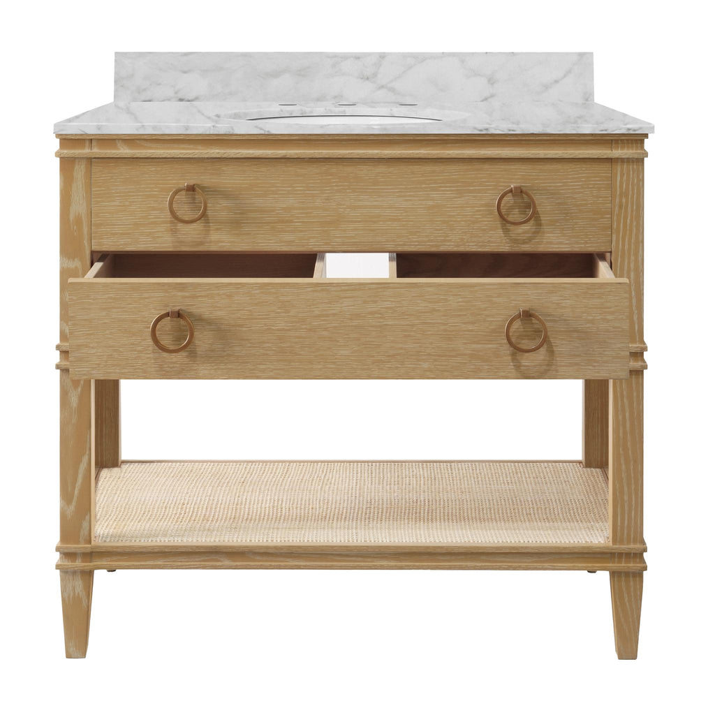 Worlds Away BATH VANITY IN CERUSED OAK WITH OPEN CANE SHELF, WHITE MARBLE TOP, PORCELAIN SINK, AND ANTIQUE BRASS RING HARDWARE