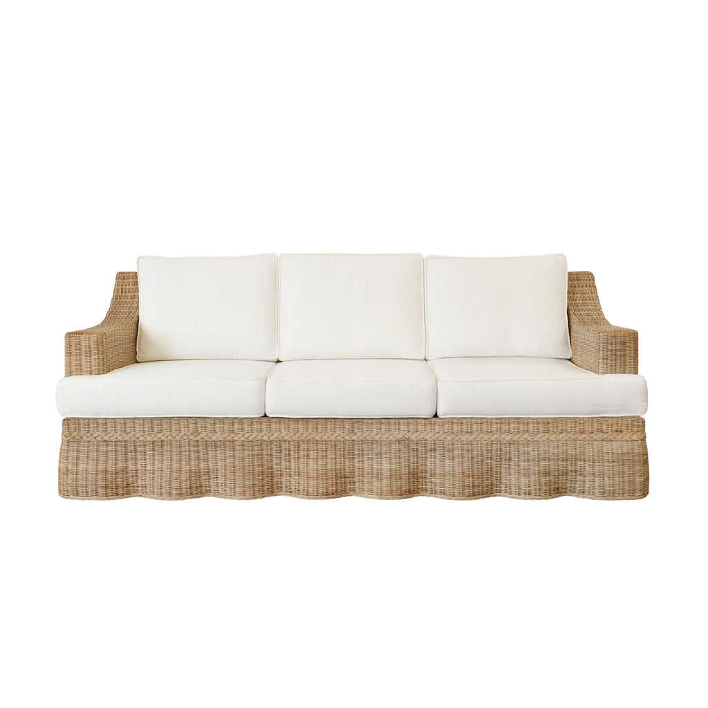 Worlds Away LAWSON STYLE SOFA IN NATURAL RATTAN WITH SCALLOPED SKIRT AND IVORY LINEN CUSHIONS