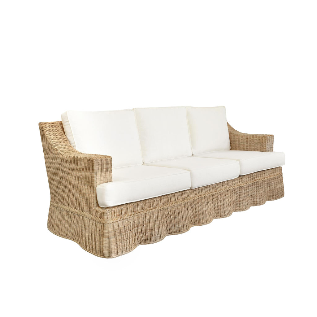 Worlds Away LAWSON STYLE SOFA IN NATURAL RATTAN WITH SCALLOPED SKIRT AND IVORY LINEN CUSHIONS