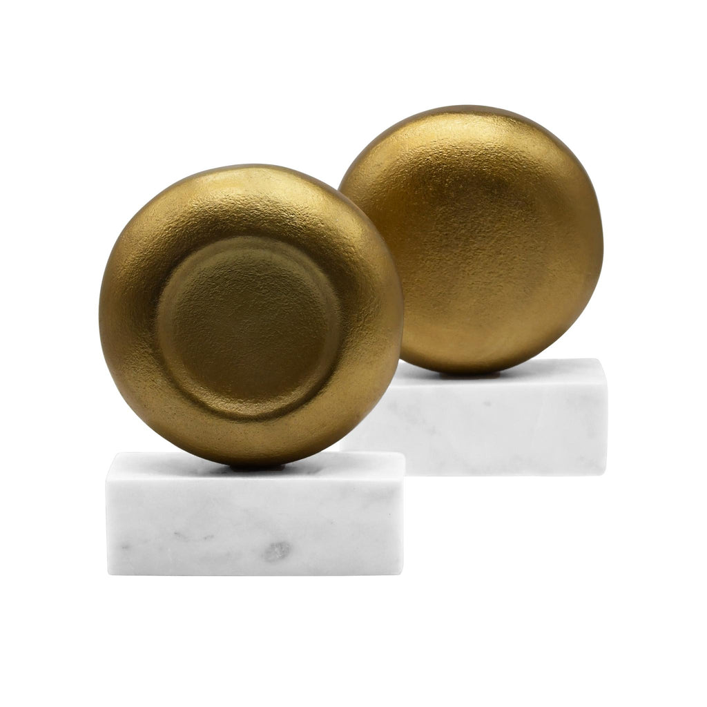 Worlds Away DISK SHAPED TEXTURED BRASS METAL BOOKEND WITH SQUARE WHITE MARBLE BASE