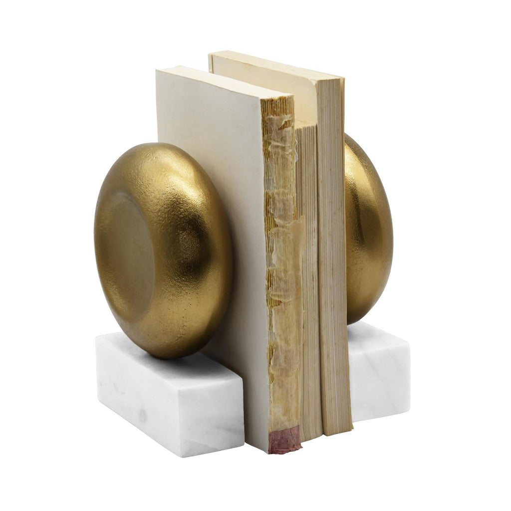 Worlds Away DISK SHAPED TEXTURED BRASS METAL BOOKEND WITH SQUARE WHITE MARBLE BASE