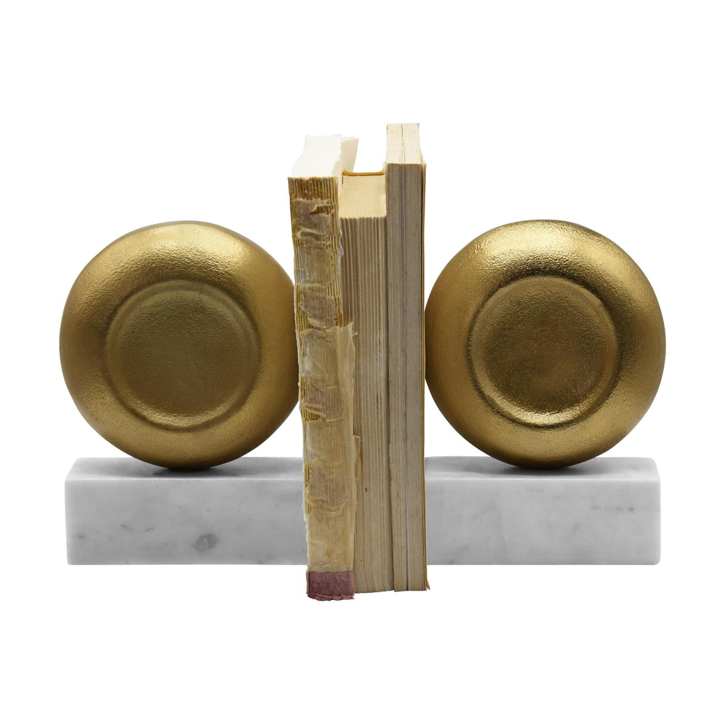 Worlds Away DISK SHAPED TEXTURED BRASS METAL BOOKEND WITH SQUARE WHITE MARBLE BASE