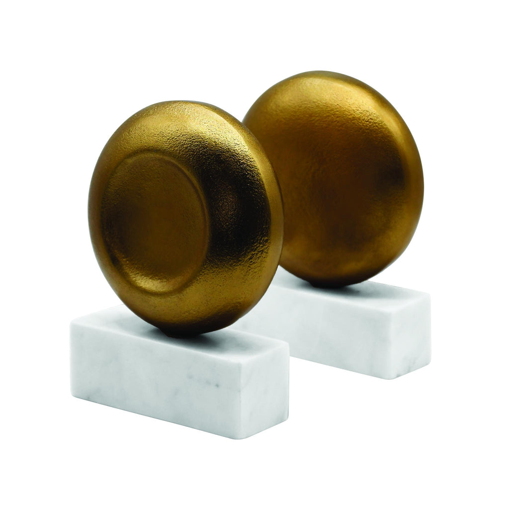 Worlds Away DISK SHAPED TEXTURED BRASS METAL BOOKEND WITH SQUARE WHITE MARBLE BASE